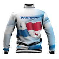 Multicolor baseball jacket, back view with Panama waving-flag print and striped ribbed collar