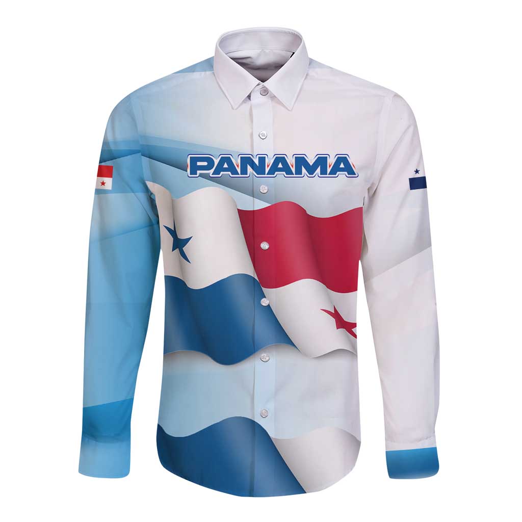 Panama Waving Flag Design Long Sleeve Button Shirt with Red Blue Stars and National Color Pattern - Wonder Print Shop