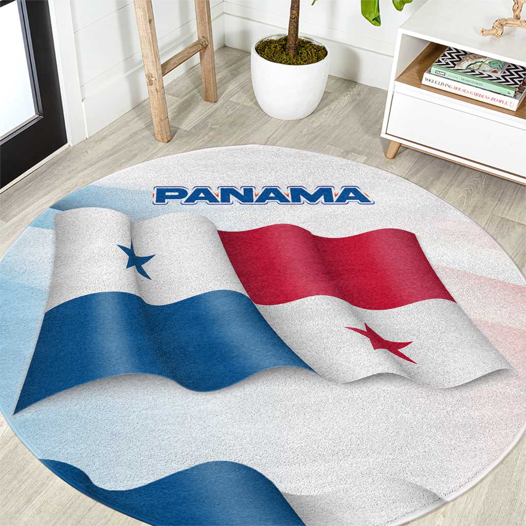 Round rug with Panama waving flag design, blue and red stars on light background