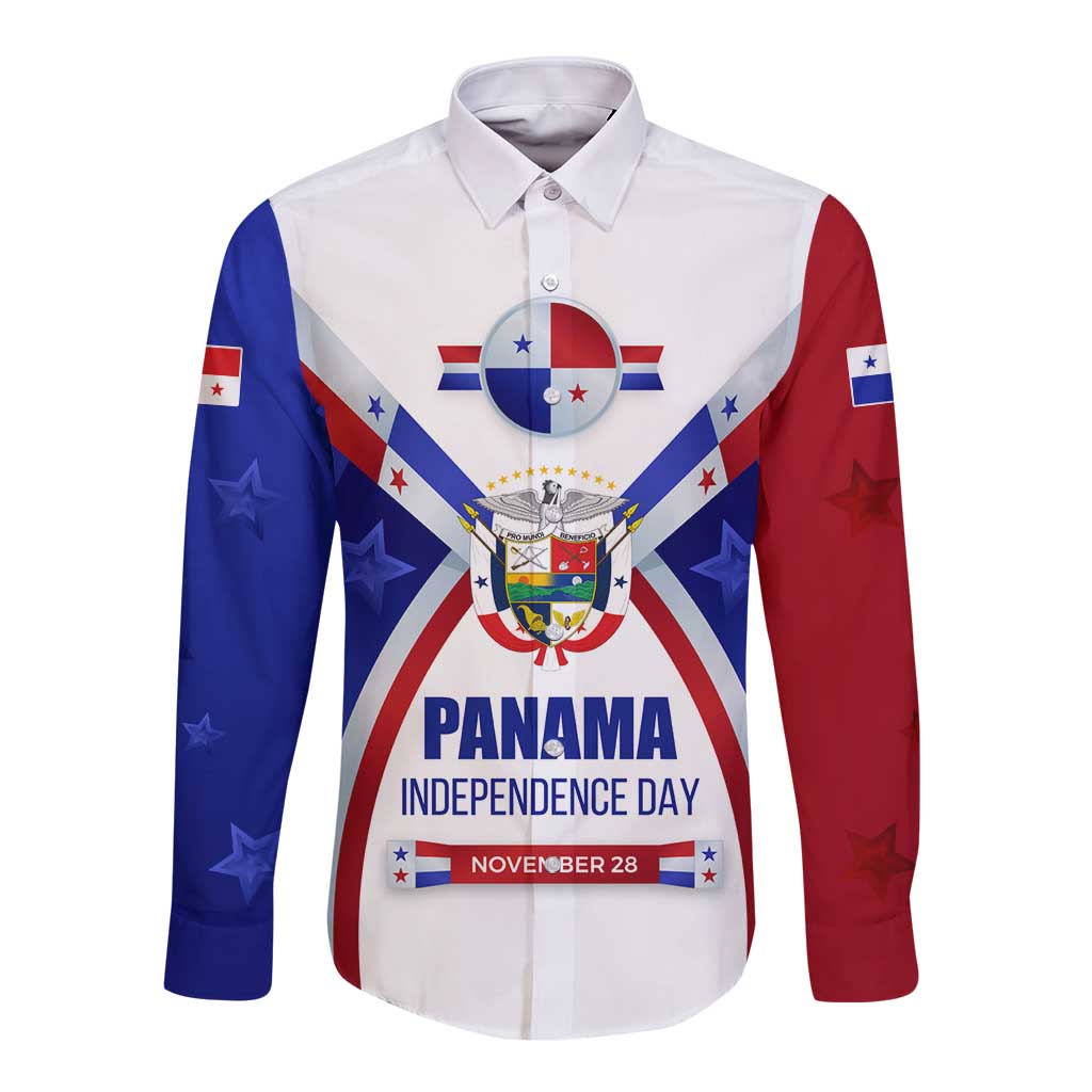 Panama Independence Day Long Sleeve Button Shirt with National Coat of Arms and Red Blue Star Design - Wonder Print Shop