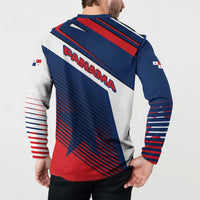 Back view: multicolor diagonal striped button sweatshirt with star and flag sleeve details