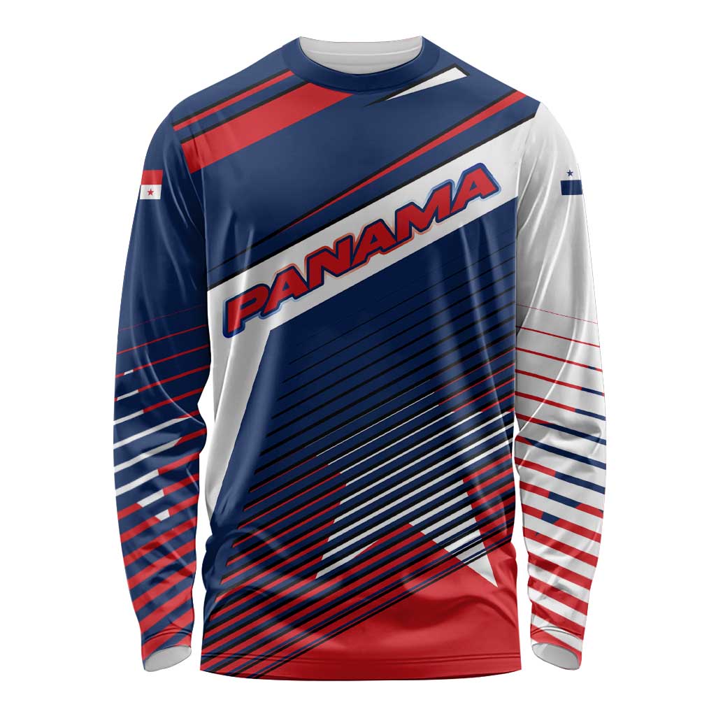 Long-sleeve shirt with diagonal red and blue stripes, PANAMA logo, flag star accents