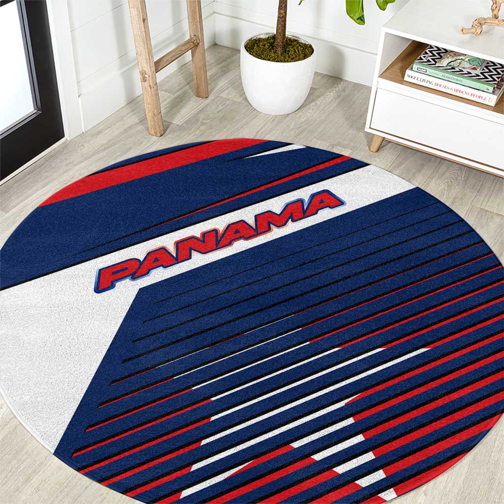 Round carpet with blue and red diagonal stripes and PANAMA wordmark on white