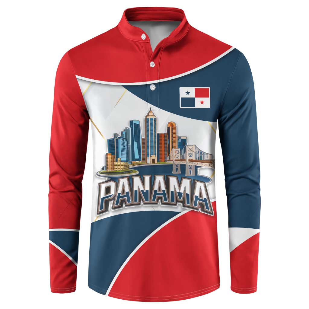 Panama City Skyline Button Sweatshirt with National Coat of Arms and Red Blue Flag Theme - Wonder Print Shop