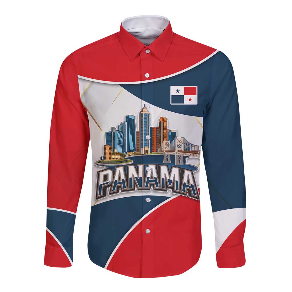 Panama City Skyline Long Sleeve Button Shirt with National Coat of Arms and Red Blue Flag Theme - Wonder Print Shop