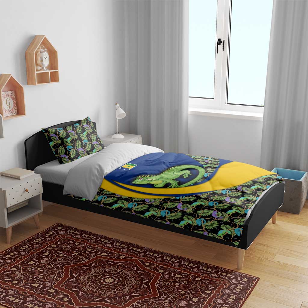 Saint Vincent and the Grenadines Iguana Bedding Set with Tropical Leaf Pattern and National Flag - Wonder Print Shop