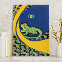 Canvas wall art with green iguana, tropical leaf pattern, blue and yellow flag design