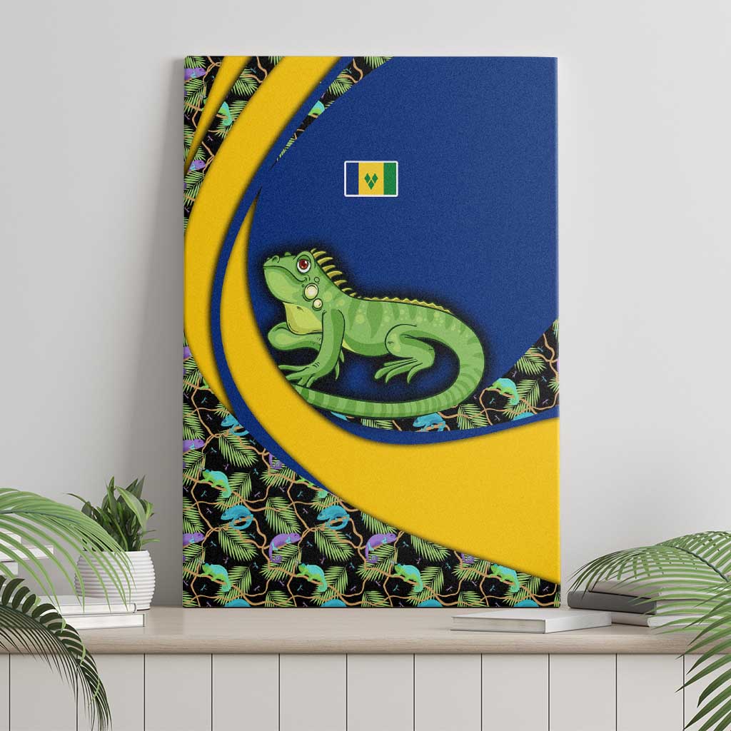 Canvas wall art featuring a green iguana and tropical leaves on blue and yellow flag colors
