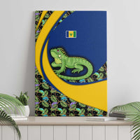 Canvas wall art featuring a green iguana and tropical leaves on blue and yellow flag colors