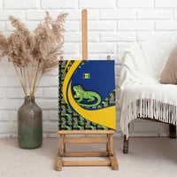 Canvas wall art with green iguana illustration and tropical leaf border in blue and yellow