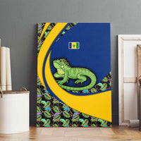 Canvas wall art of a green iguana over tropical leaves with blue and yellow flag design