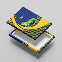 Canvas wall art angled view showing green iguana and tropical leaf pattern in blue and yellow