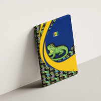 Canvas wall art side view with green iguana illustration and tropical leaves on blue and yellow