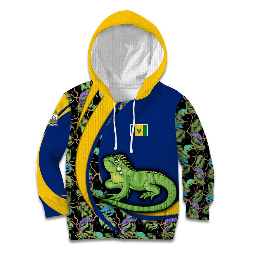 Saint Vincent and the Grenadines Iguana Kid Hoodie with Tropical Leaf Pattern and National Flag - Wonder Print Shop