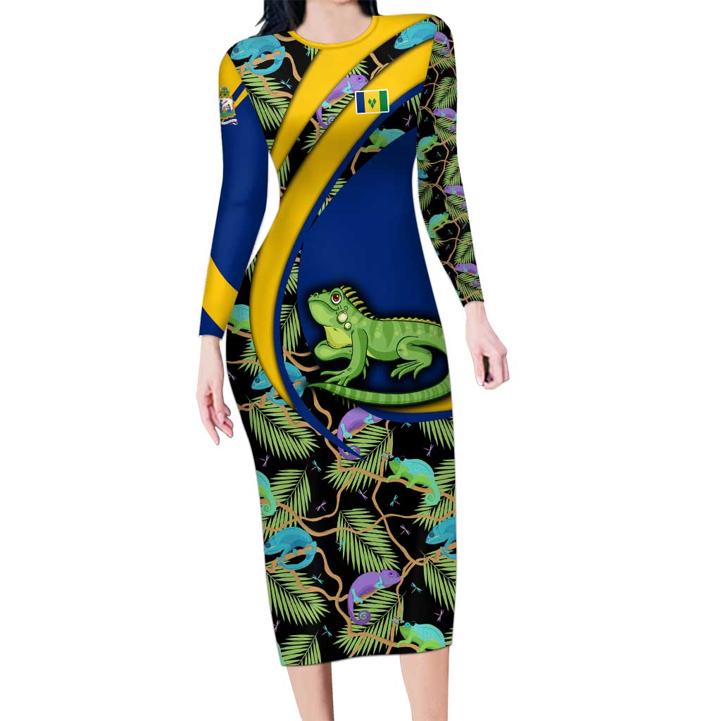 Saint Vincent and the Grenadines Iguana Long Sleeve Bodycon Dress with Tropical Leaf Pattern and National Flag - Wonder Print Shop