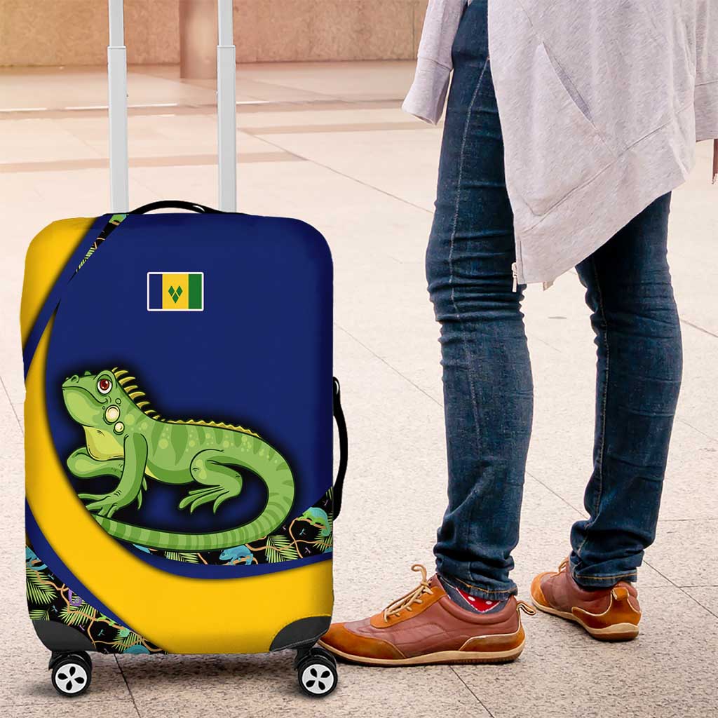 Saint Vincent and the Grenadines Iguana Luggage Cover with Tropical Leaf Pattern and National Flag - Wonder Print Shop