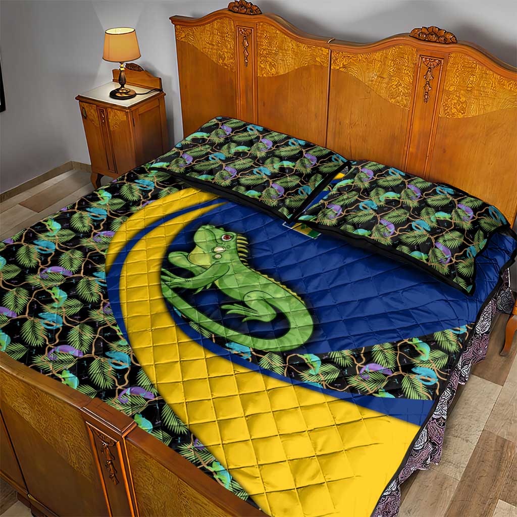 Saint Vincent and the Grenadines Iguana Quilt Bed Set with Tropical Leaf Pattern and National Flag - Wonder Print Shop