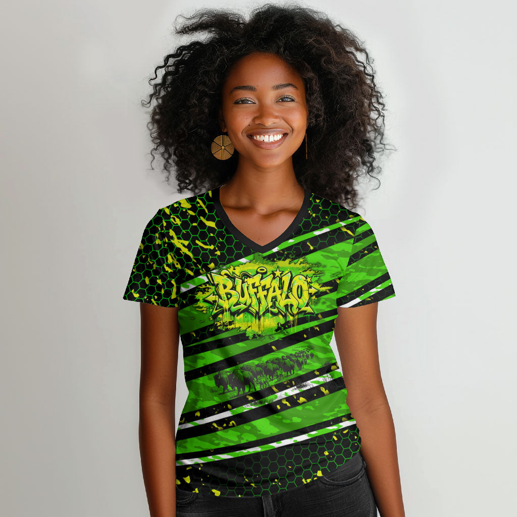 Buffalo Soldiers 10th Cavalry Regiment Women V-Neck T-Shirt Graffiti Urban Streetwear Style Graphic Art