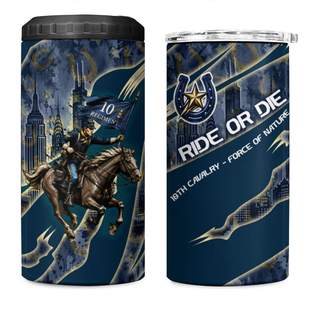 Buffalo Soldiers 10th Cavalry Regiment Ride Or Die 4 in 1 Can Cooler Tumbler Patriotic Military Heritage Distressed City Skyline Graphic Art