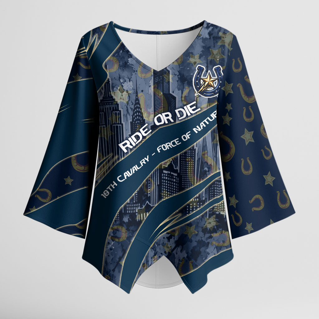 Buffalo Soldiers 10th Cavalry Regiment Ride Or Die Kimono Sleeve Blouse Patriotic Military Heritage Distressed City Skyline Graphic Art