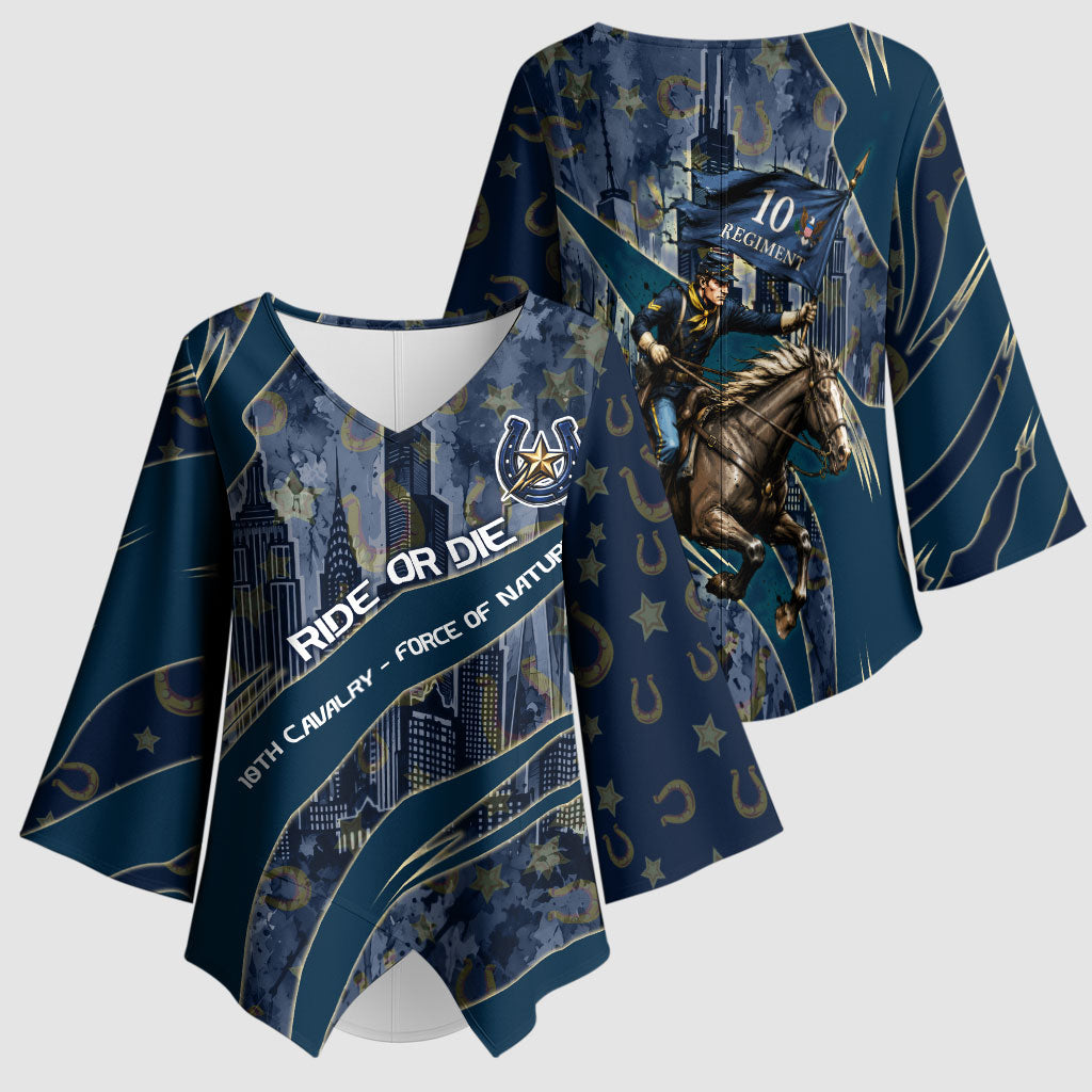 Buffalo Soldiers 10th Cavalry Regiment Ride Or Die Kimono Sleeve Blouse Patriotic Military Heritage Distressed City Skyline Graphic Art
