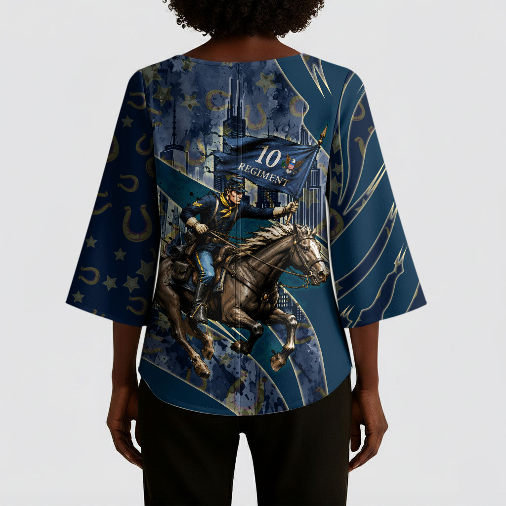 Buffalo Soldiers 10th Cavalry Regiment Ride Or Die Kimono Sleeve Blouse Patriotic Military Heritage Distressed City Skyline Graphic Art