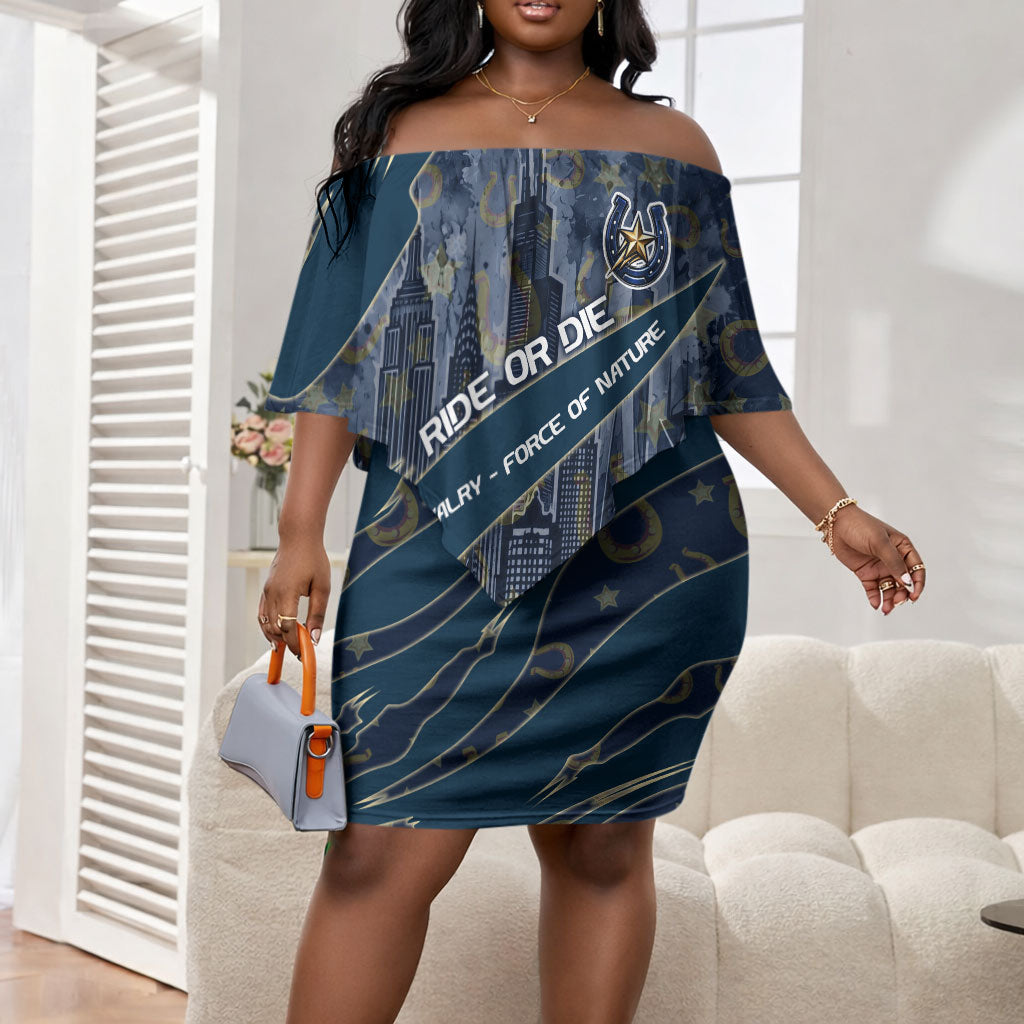 Buffalo Soldiers 10th Cavalry Regiment Ride Or Die Off Shoulder Short Dress Patriotic Military Heritage Distressed City Skyline Graphic Art