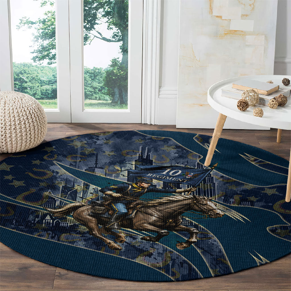 Buffalo Soldiers 10th Cavalry Regiment Ride Or Die Round Carpet Patriotic Military Heritage Distressed City Skyline Graphic Art