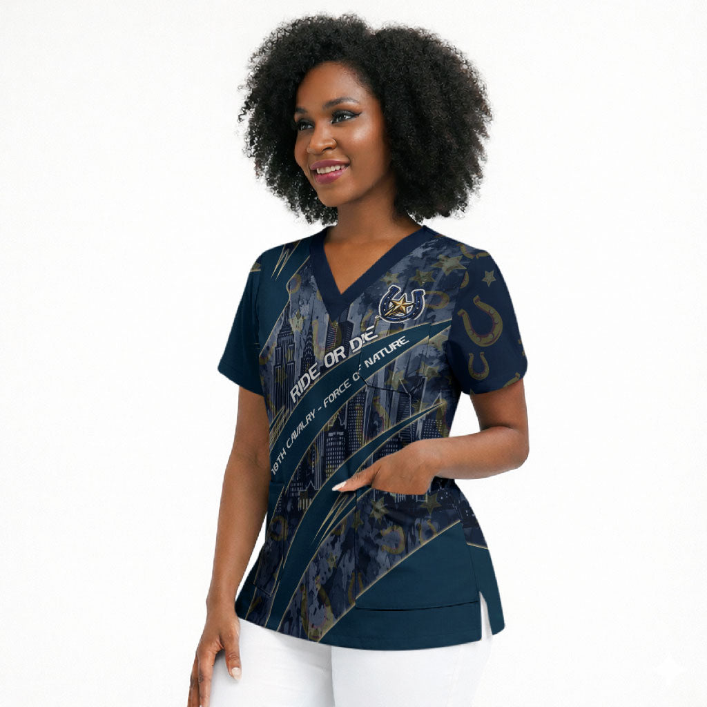Buffalo Soldiers 10th Cavalry Regiment Ride Or Die Scrub Top Patriotic Military Heritage Distressed City Skyline Graphic Art