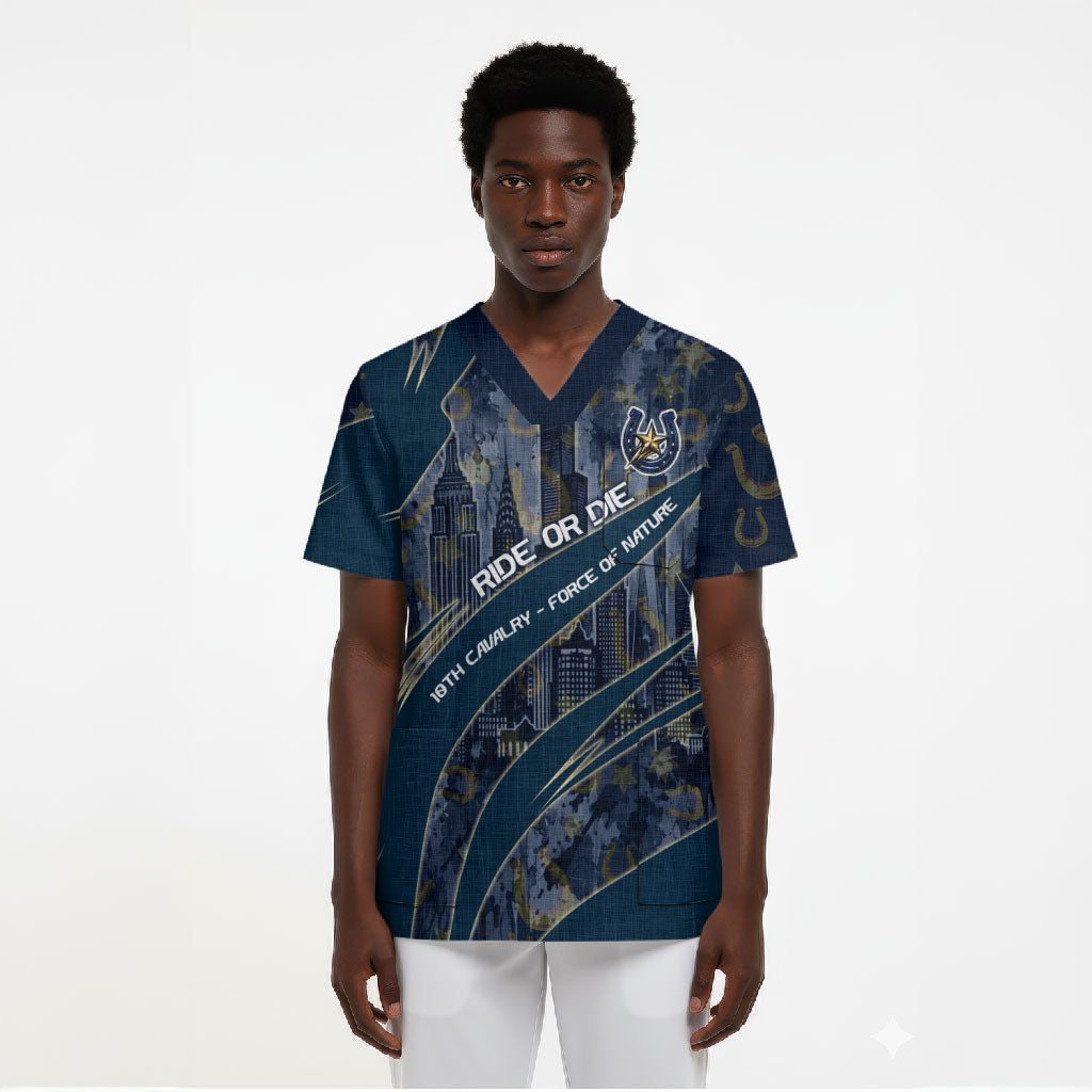 Buffalo Soldiers 10th Cavalry Regiment Ride Or Die Scrub Top Patriotic Military Heritage Distressed City Skyline Graphic Art