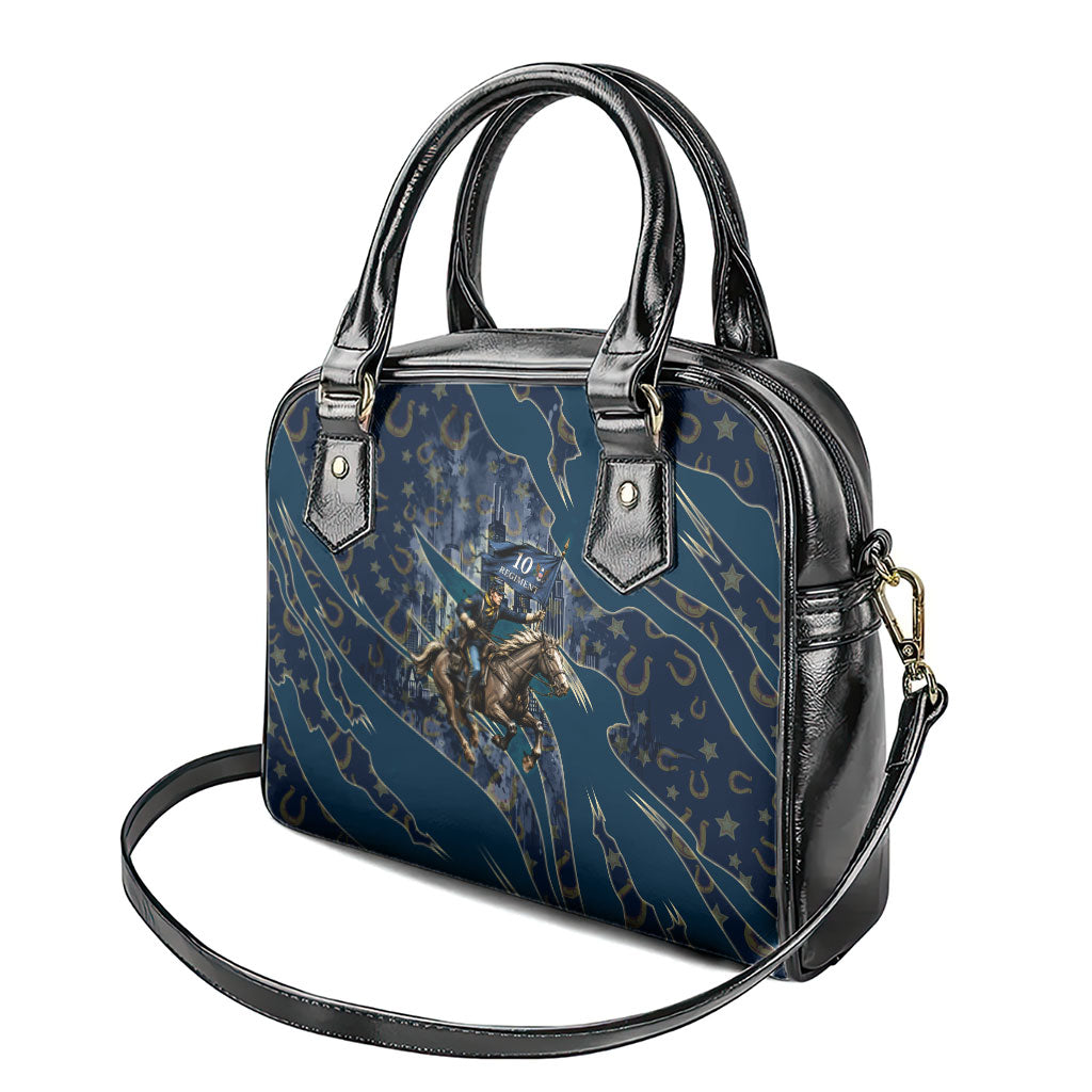 Buffalo Soldiers 10th Cavalry Regiment Ride Or Die Shoulder Handbag Patriotic Military Heritage Distressed City Skyline Graphic Art