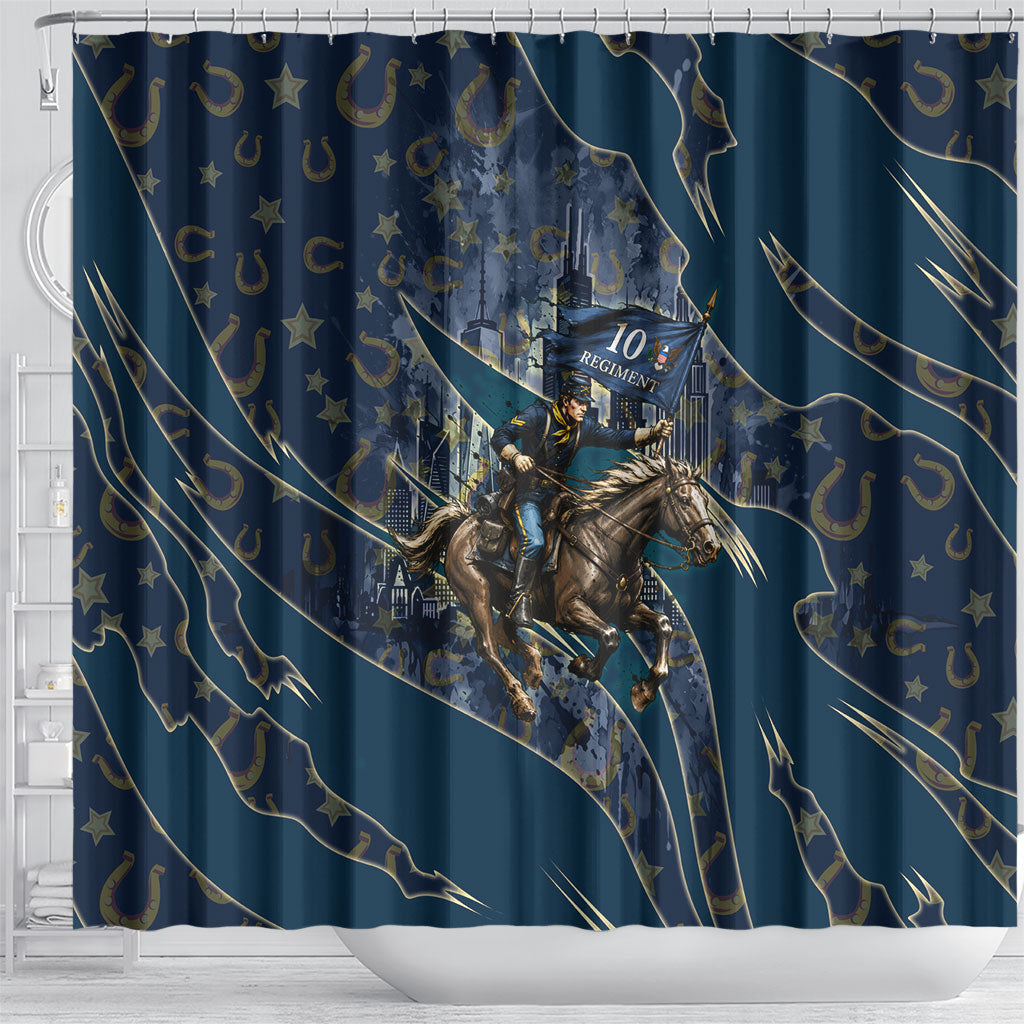 Buffalo Soldiers 10th Cavalry Regiment Ride Or Die Shower Curtain Patriotic Military Heritage Distressed City Skyline Graphic Art