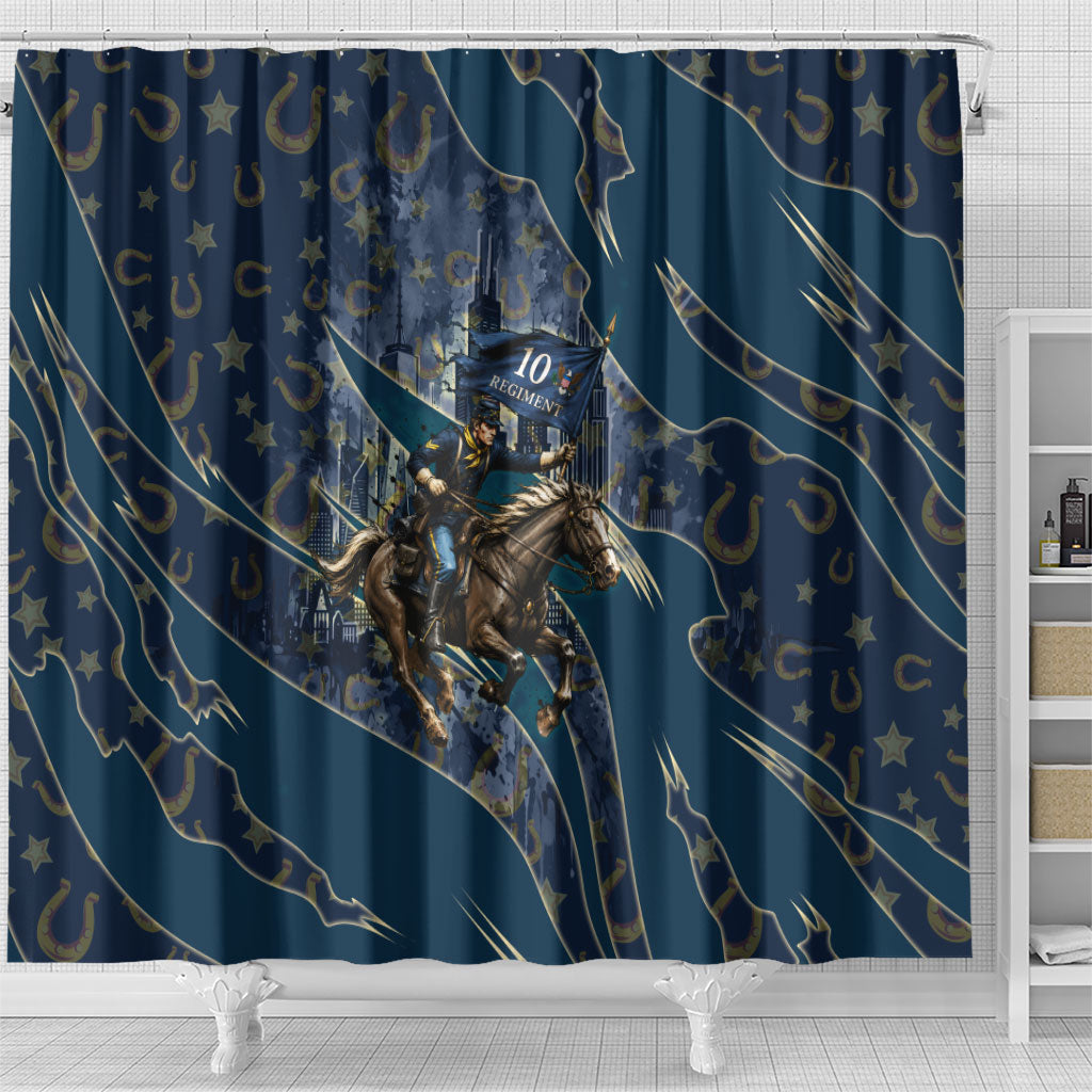 Buffalo Soldiers 10th Cavalry Regiment Ride Or Die Shower Curtain Patriotic Military Heritage Distressed City Skyline Graphic Art