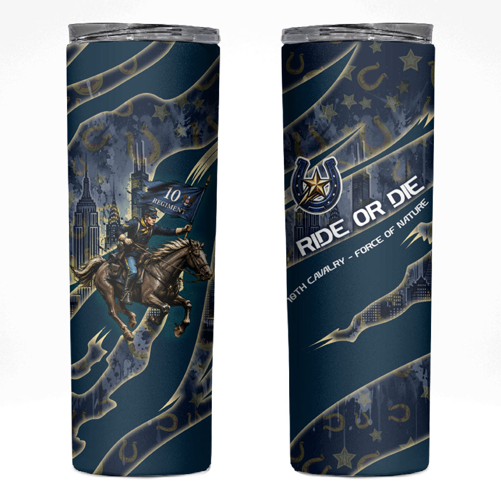 Buffalo Soldiers 10th Cavalry Regiment Ride Or Die Skinny Tumbler Patriotic Military Heritage Distressed City Skyline Graphic Art