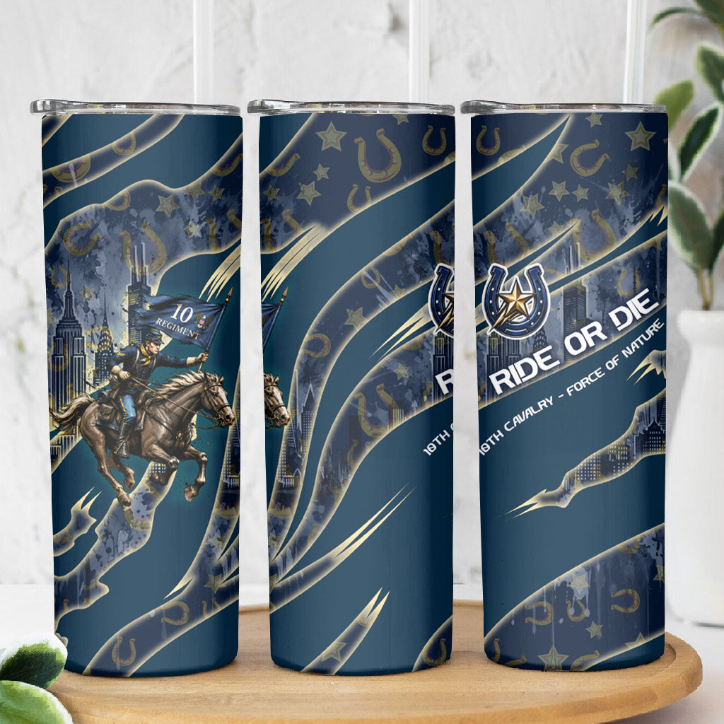 Buffalo Soldiers 10th Cavalry Regiment Ride Or Die Skinny Tumbler Patriotic Military Heritage Distressed City Skyline Graphic Art