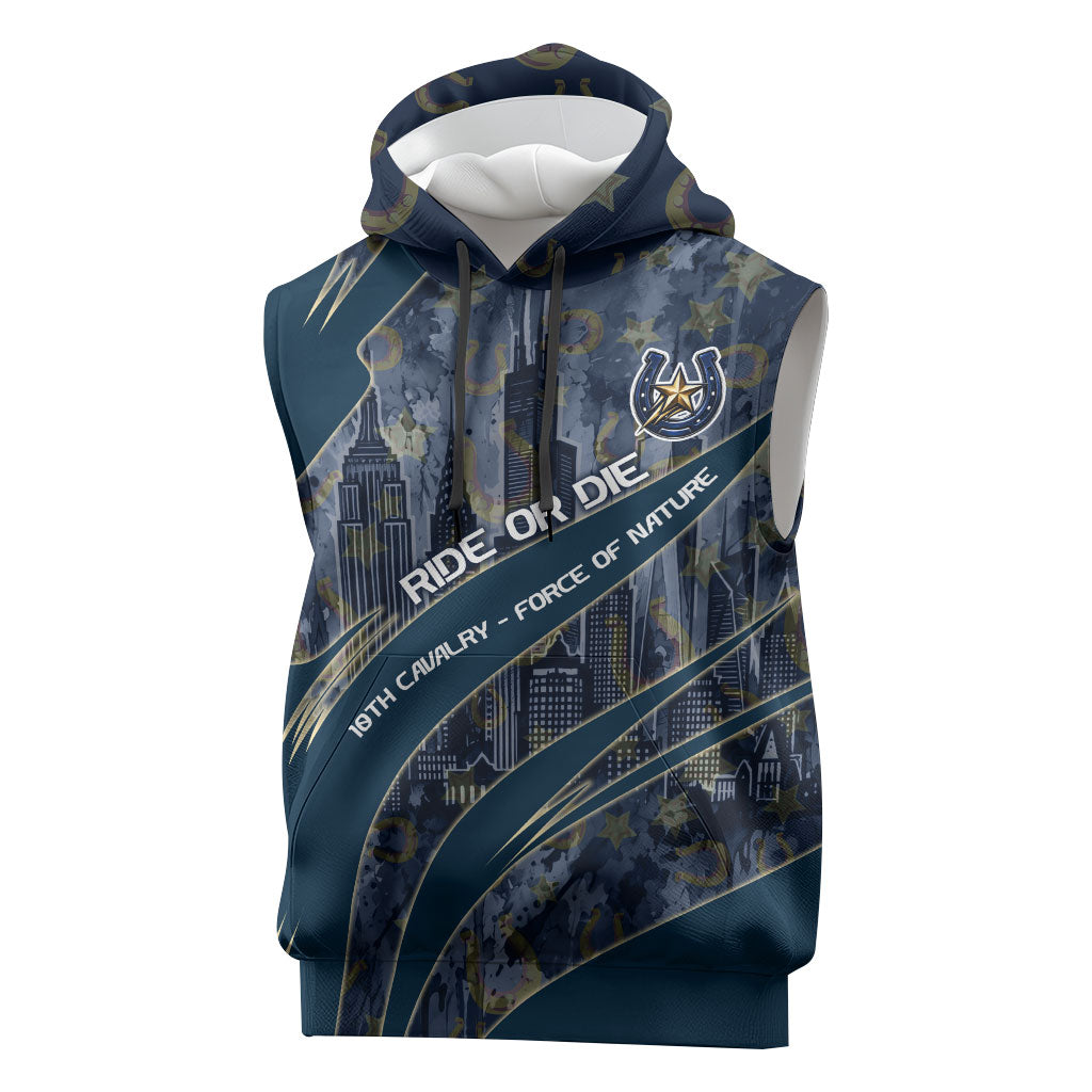 Buffalo Soldiers 10th Cavalry Regiment Ride Or Die Sleeveless Hoodie Patriotic Military Heritage Distressed City Skyline Graphic Art