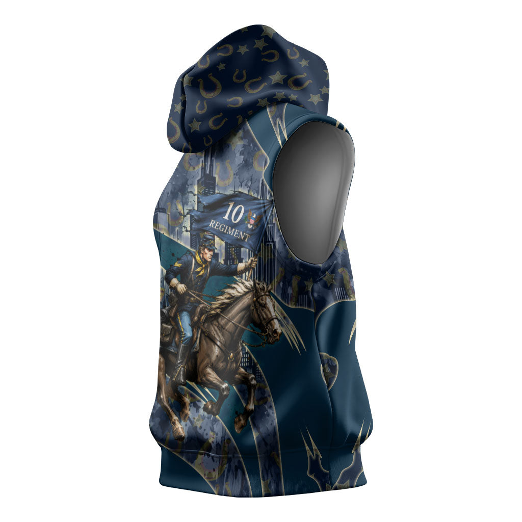 Buffalo Soldiers 10th Cavalry Regiment Ride Or Die Sleeveless Hoodie Patriotic Military Heritage Distressed City Skyline Graphic Art