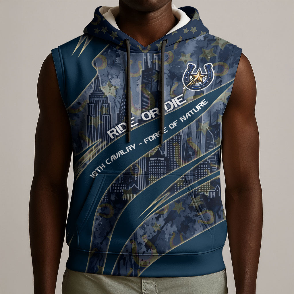 Buffalo Soldiers 10th Cavalry Regiment Ride Or Die Sleeveless Hoodie Patriotic Military Heritage Distressed City Skyline Graphic Art
