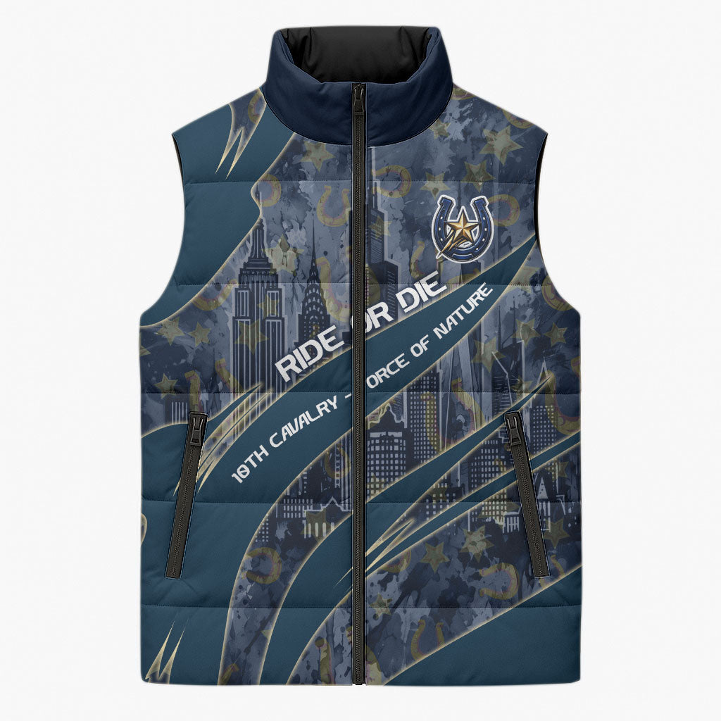 Buffalo Soldiers 10th Cavalry Regiment Ride Or Die Sleeveless Puffer Jacket Patriotic Military Heritage Distressed City Skyline Graphic Art