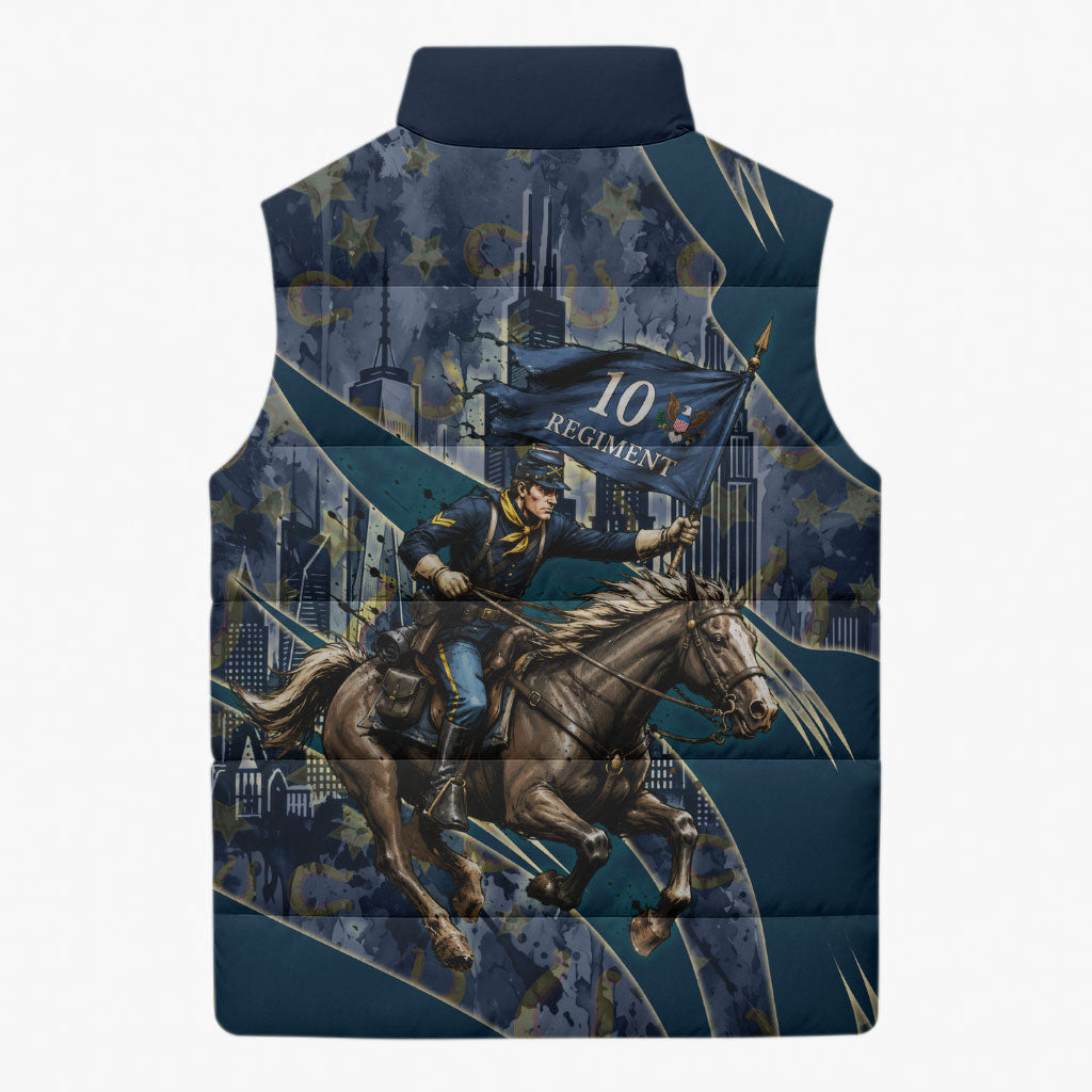 Buffalo Soldiers 10th Cavalry Regiment Ride Or Die Sleeveless Puffer Jacket Patriotic Military Heritage Distressed City Skyline Graphic Art