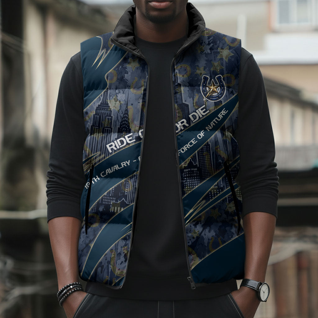 Buffalo Soldiers 10th Cavalry Regiment Ride Or Die Sleeveless Puffer Jacket Patriotic Military Heritage Distressed City Skyline Graphic Art