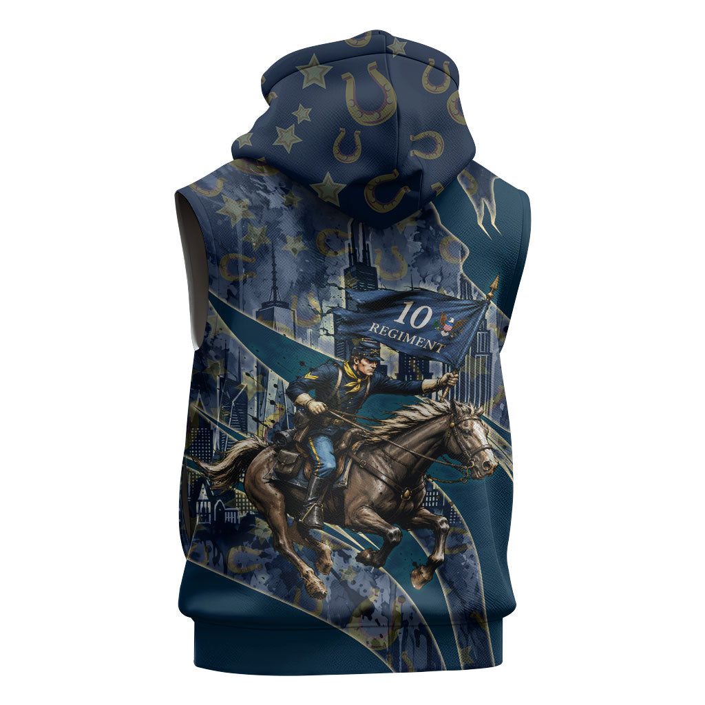 Buffalo Soldiers 10th Cavalry Regiment Ride Or Die Sleeveless Zip Hoodie Patriotic Military Heritage Distressed City Skyline Graphic Art