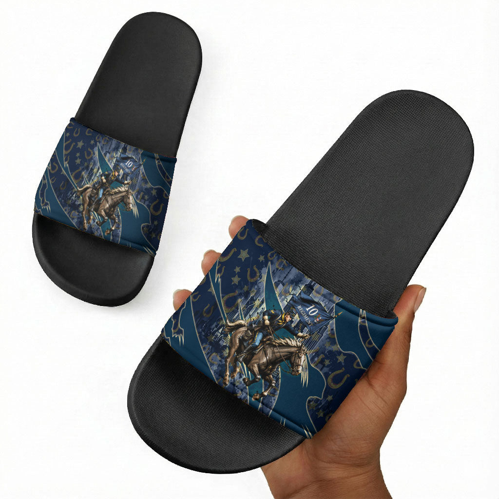 Buffalo Soldiers 10th Cavalry Regiment Ride Or Die Slide Sandals Patriotic Military Heritage Distressed City Skyline Graphic Art