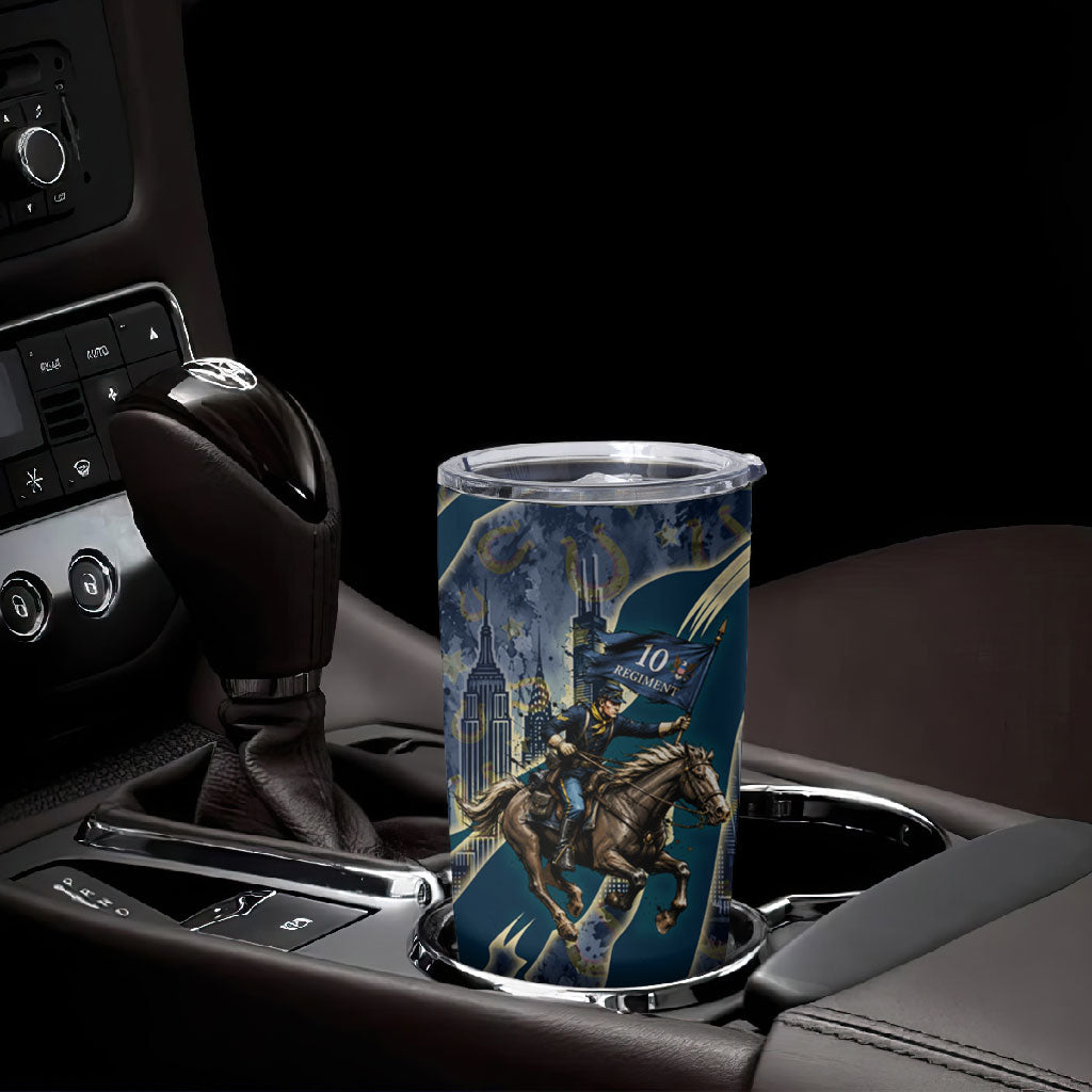 Buffalo Soldiers 10th Cavalry Regiment Ride Or Die Tumbler Cup Patriotic Military Heritage Distressed City Skyline Graphic Art