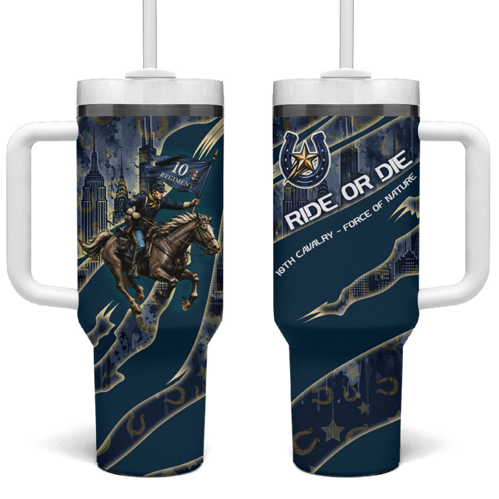 Buffalo Soldiers 10th Cavalry Regiment Ride Or Die Tumbler With Handle Patriotic Military Heritage Distressed City Skyline Graphic Art