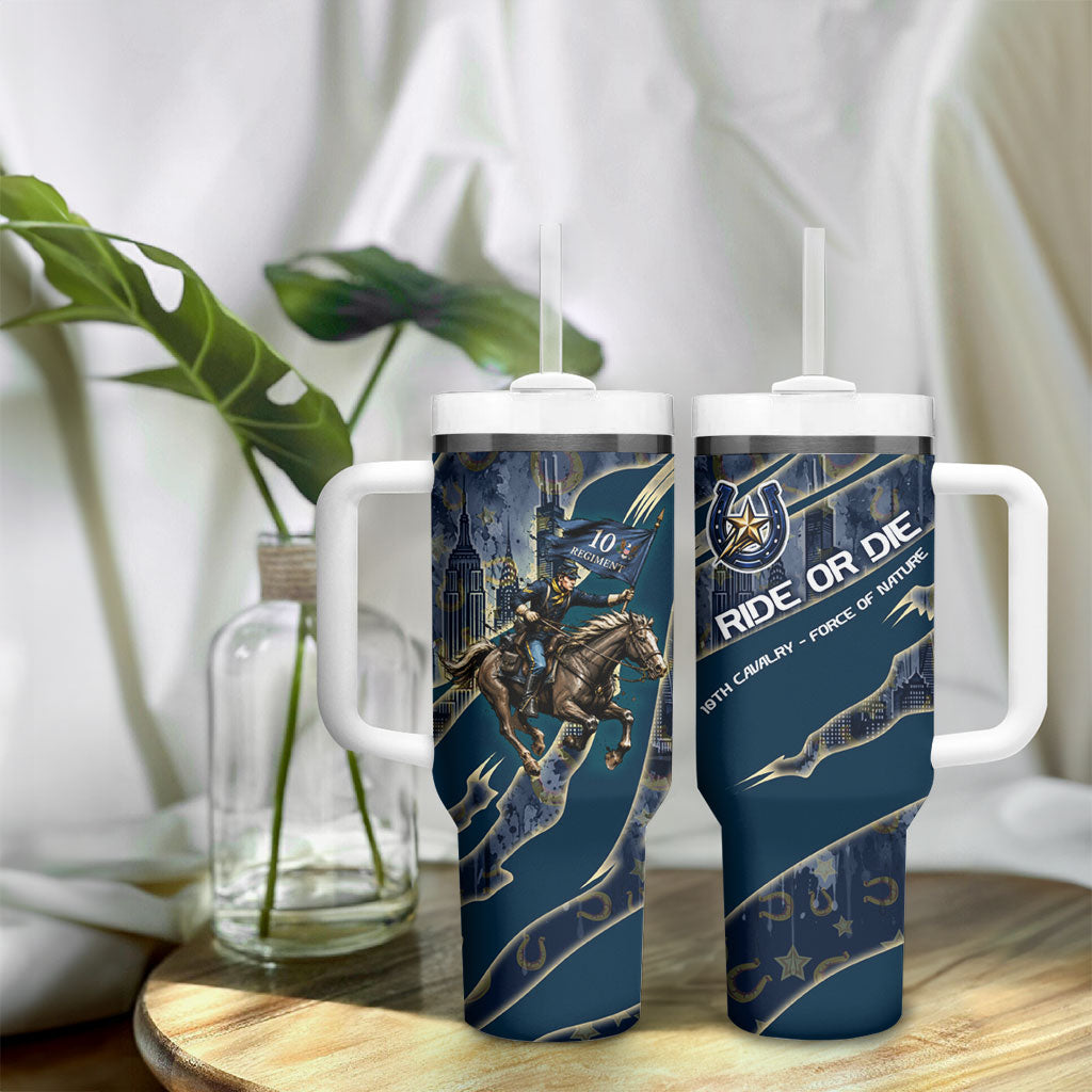 Buffalo Soldiers 10th Cavalry Regiment Ride Or Die Tumbler With Handle Patriotic Military Heritage Distressed City Skyline Graphic Art