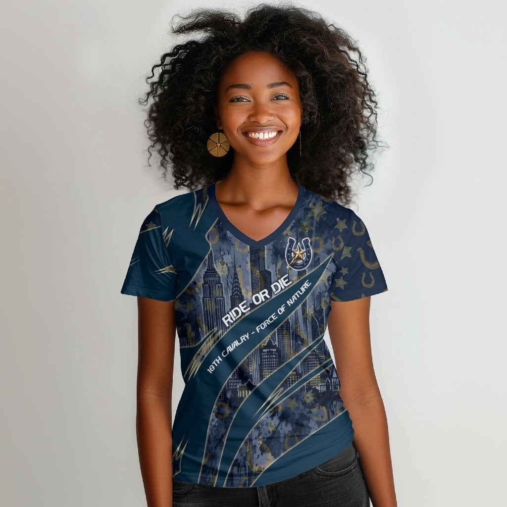 Buffalo Soldiers 10th Cavalry Regiment Ride Or Die Women V-Neck T-Shirt Patriotic Military Heritage Distressed City Skyline Graphic Art