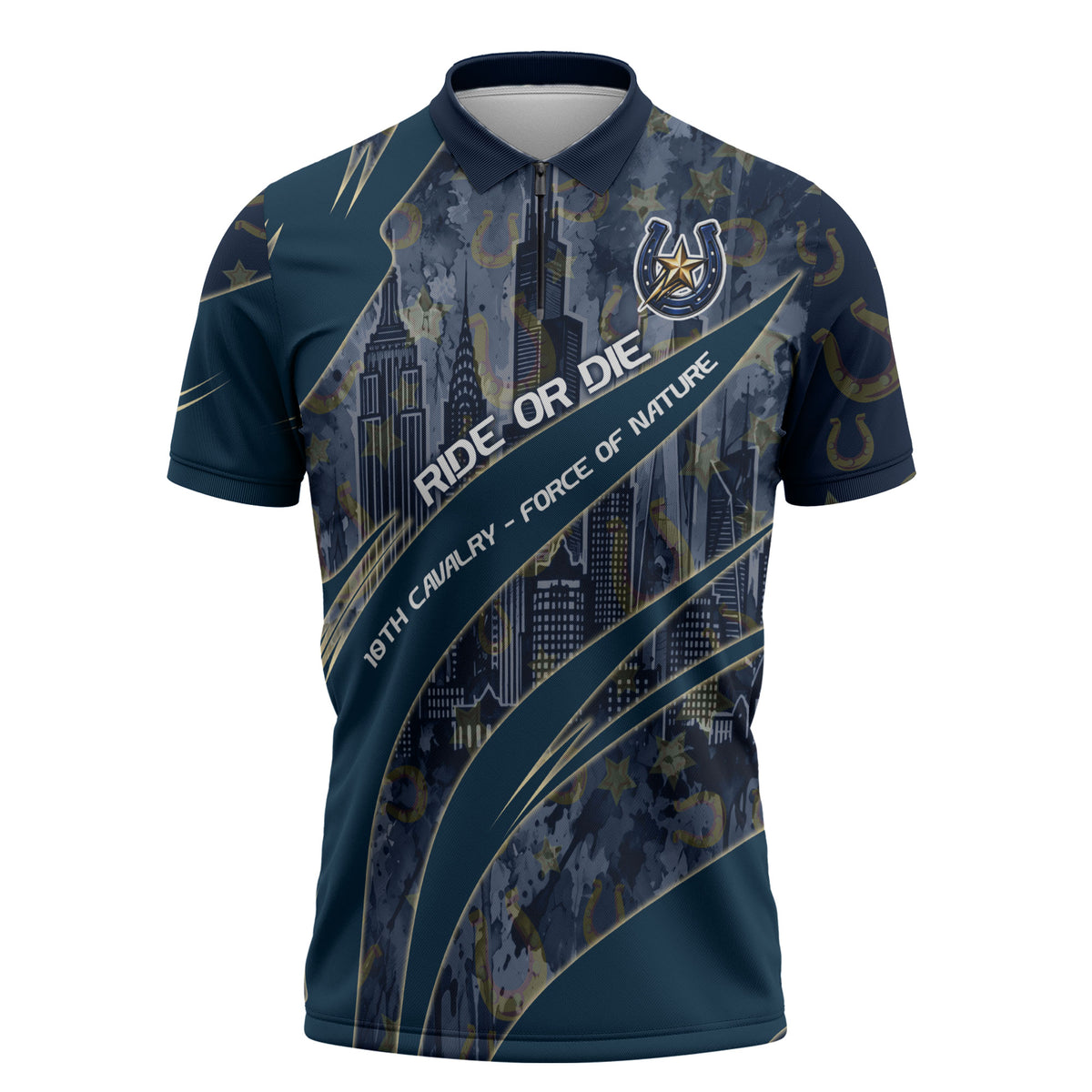 Buffalo Soldiers 10th Cavalry Regiment Ride Or Die Zipper Polo Shirt Patriotic Military Heritage Distressed City Skyline Graphic Art