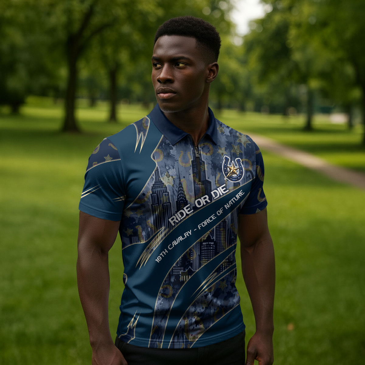 Buffalo Soldiers 10th Cavalry Regiment Ride Or Die Zipper Polo Shirt Patriotic Military Heritage Distressed City Skyline Graphic Art
