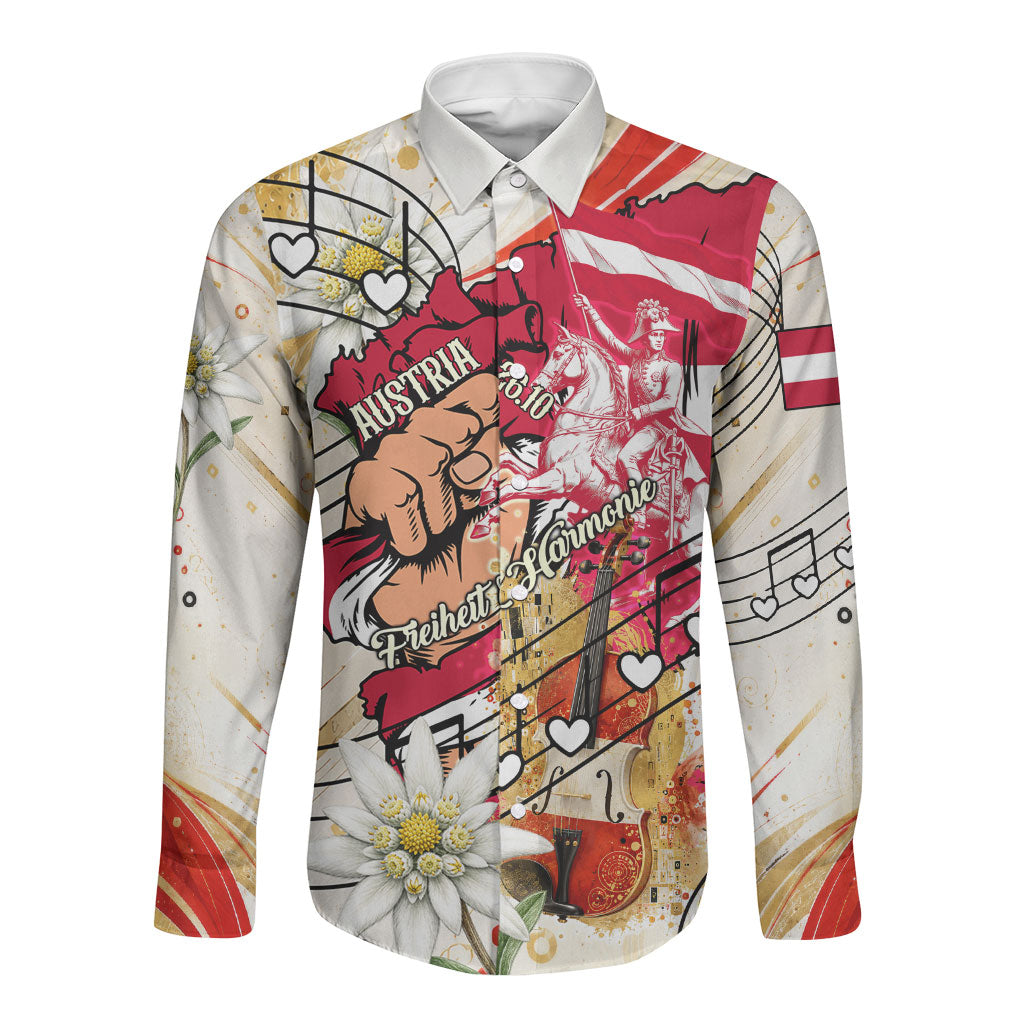 Austria National Day Flag Eagle Edelweiss Long Sleeve Button Shirt Vintage Austrian Heritage Flag Coat Of Arms Patriot
